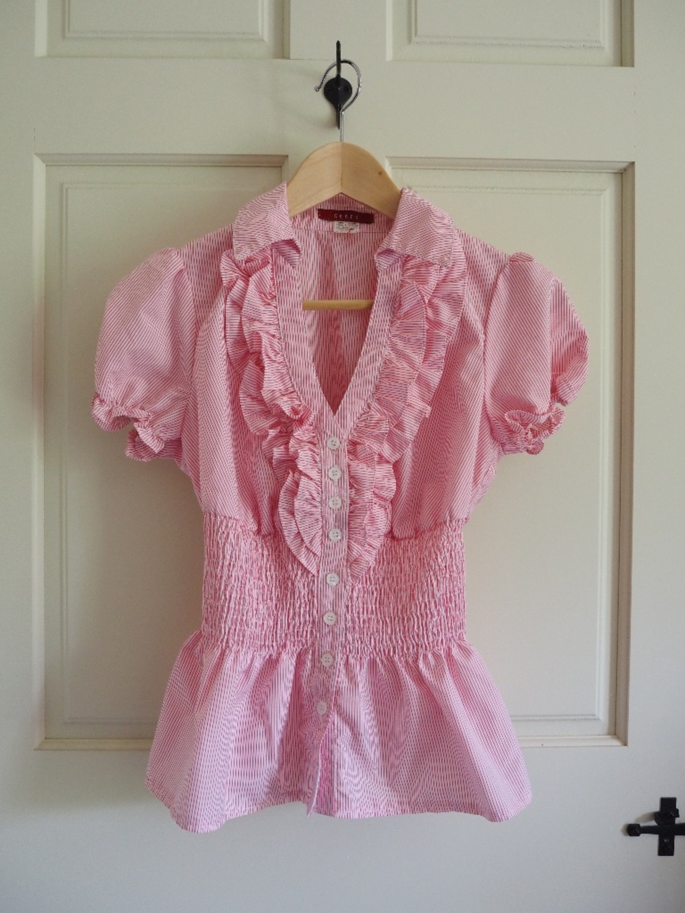 Vintage Ceres 100% Cotton Ruffle Ruched Pink Pinstripe Short Sleeve Blouse S